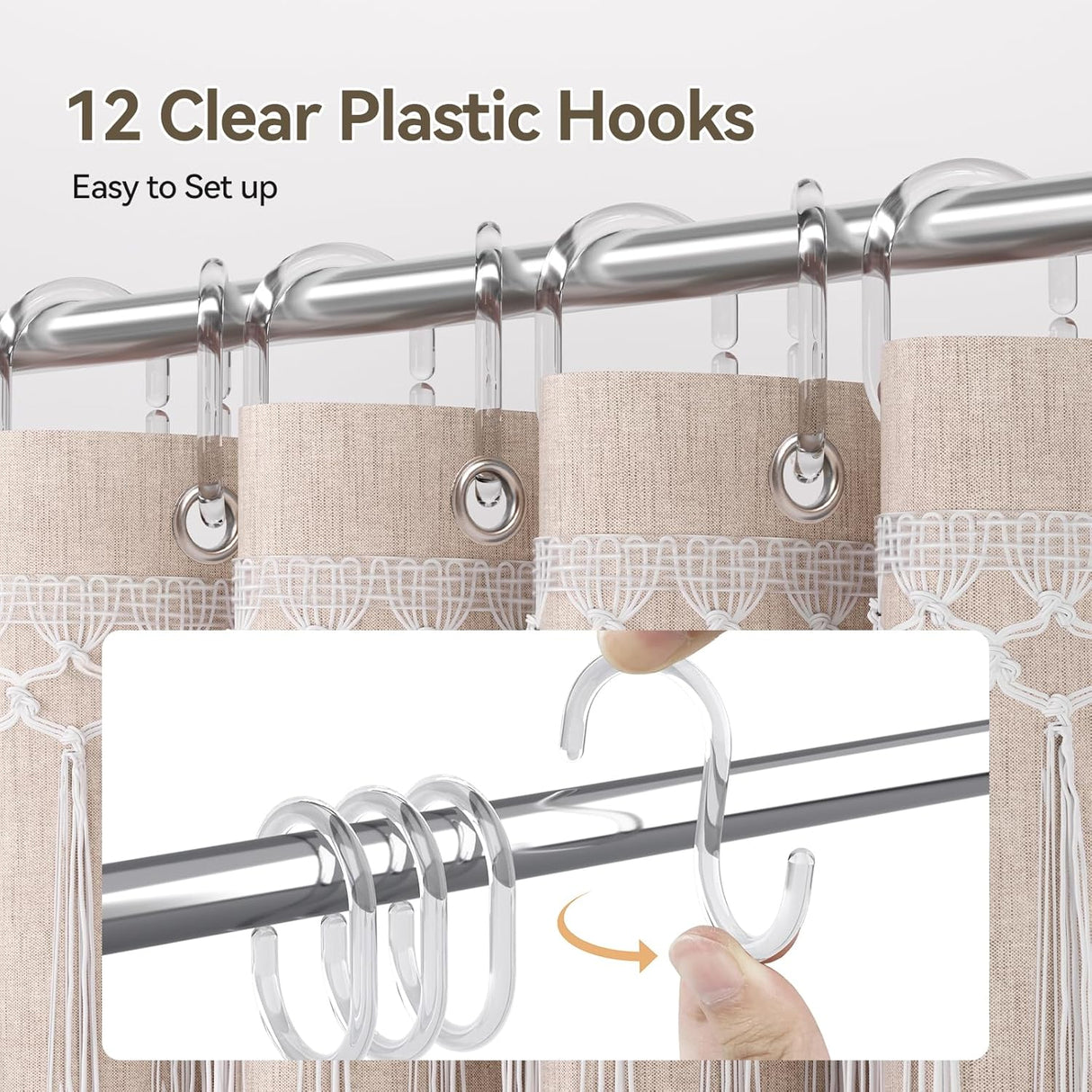 Clear plastic hooks on a curtain rod with text indicating quantity and ease of setup.