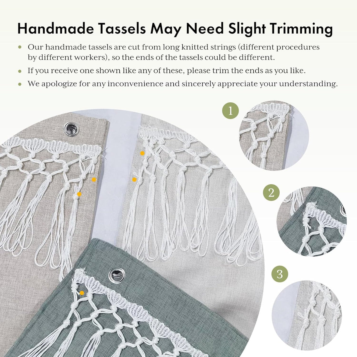 Instructions for trimming handmade tassels on a product packaging with close-up images of tassels.