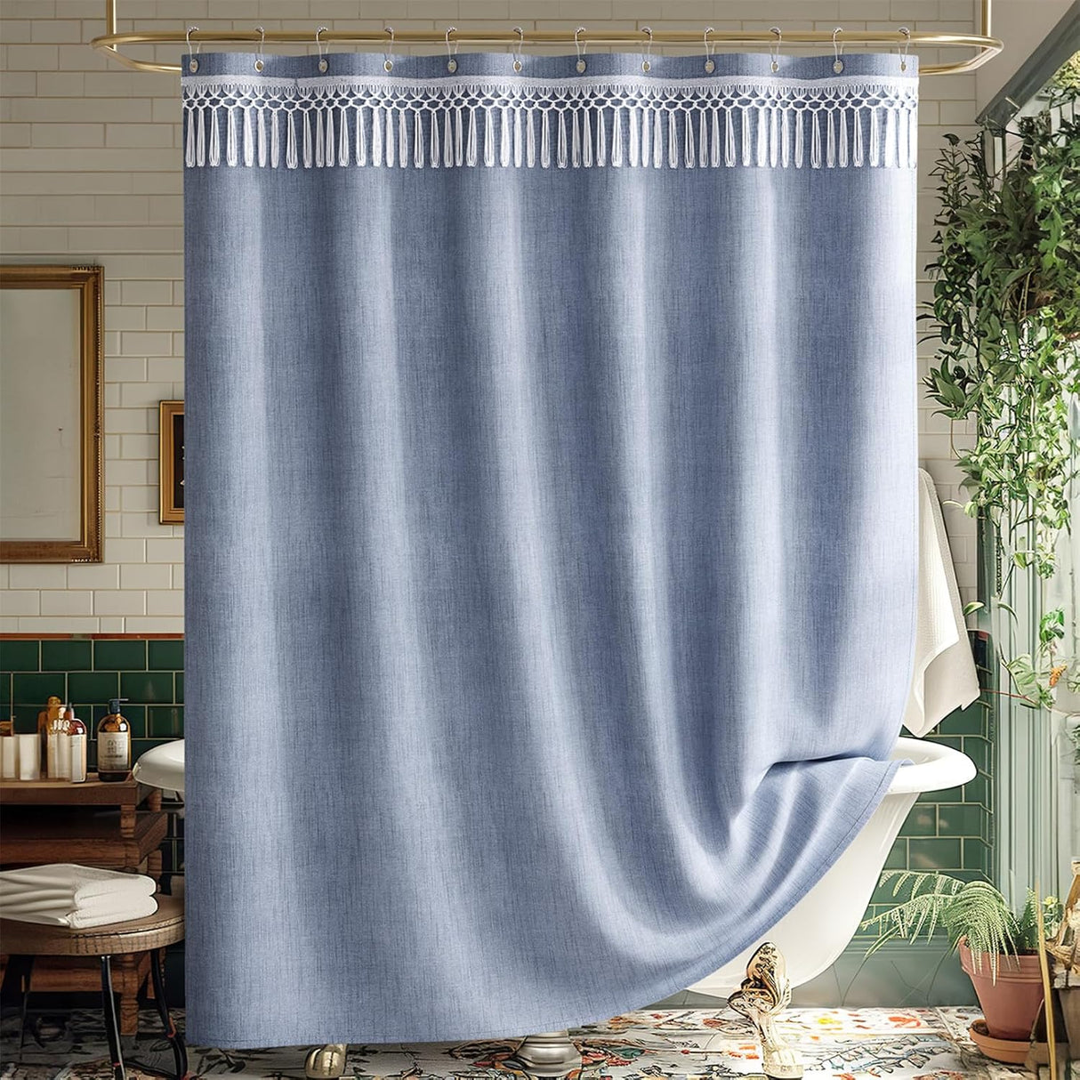 Blue shower curtain with white fringe trim in a bathroom setting