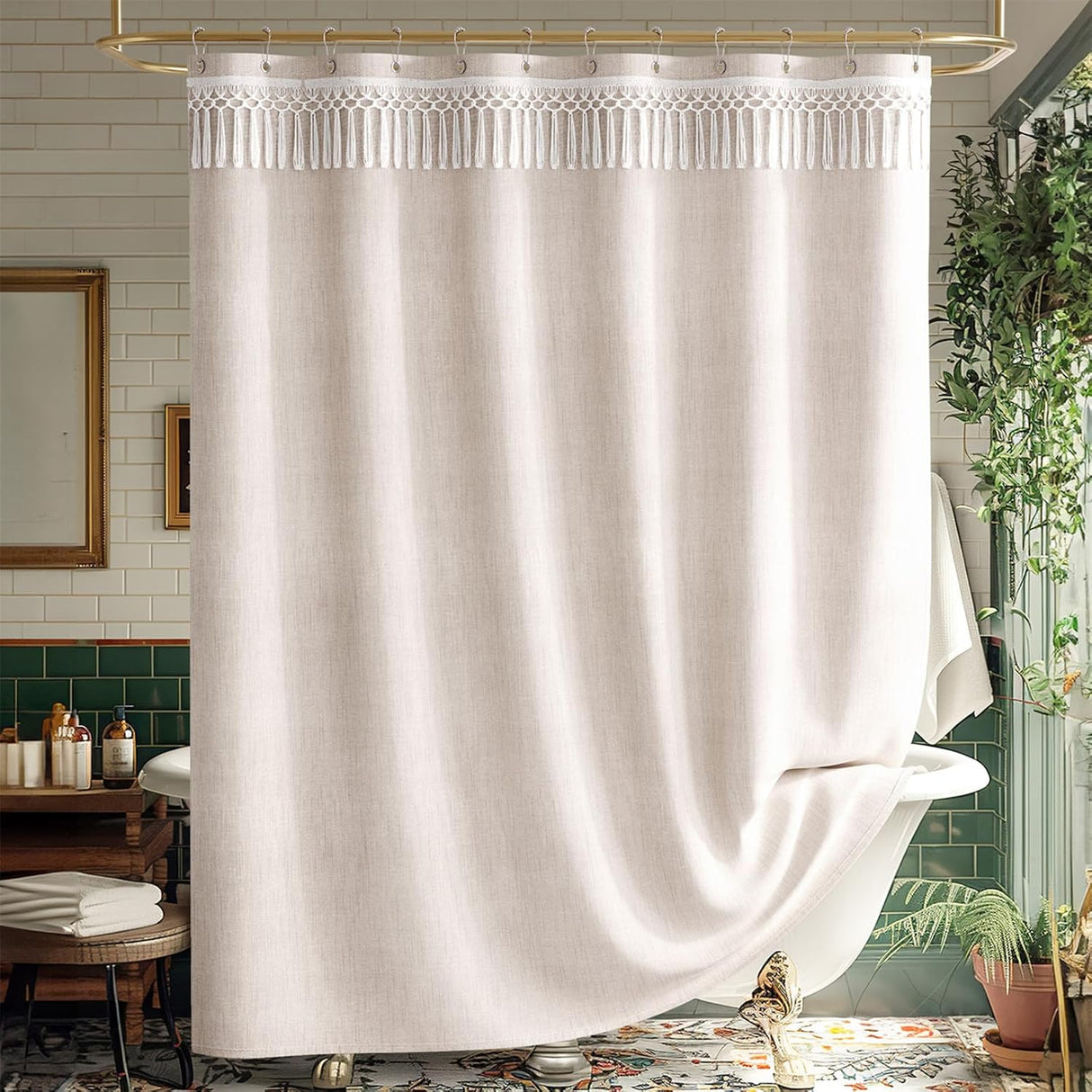 Beige shower curtain with white fringe in a bathroom setting
