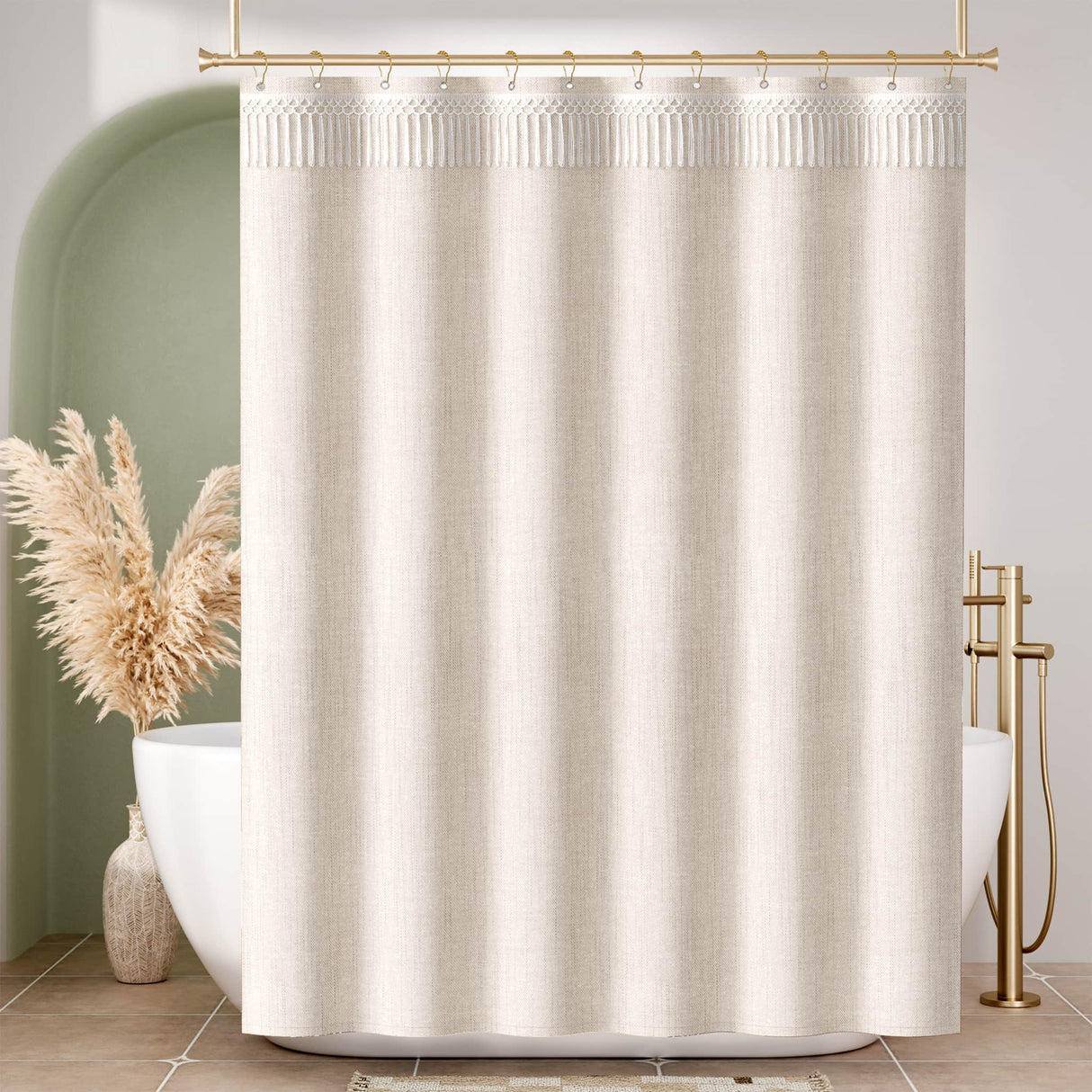 Beige striped shower curtain in a bathroom with a bathtub and decorative elements.