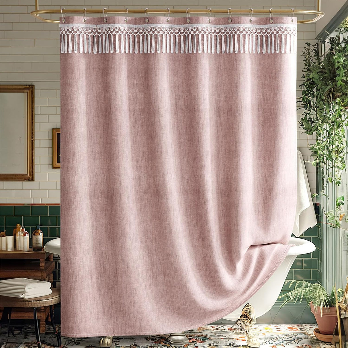 Pink boho shower curtain with lace top in a bathroom setting