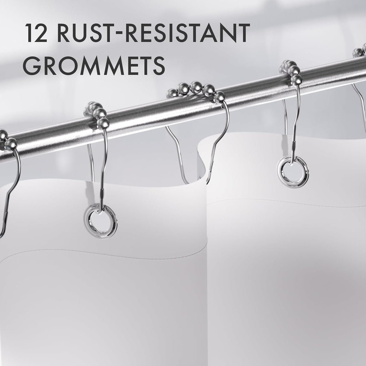 Shower curtain with rust-resistant grommets on a white background