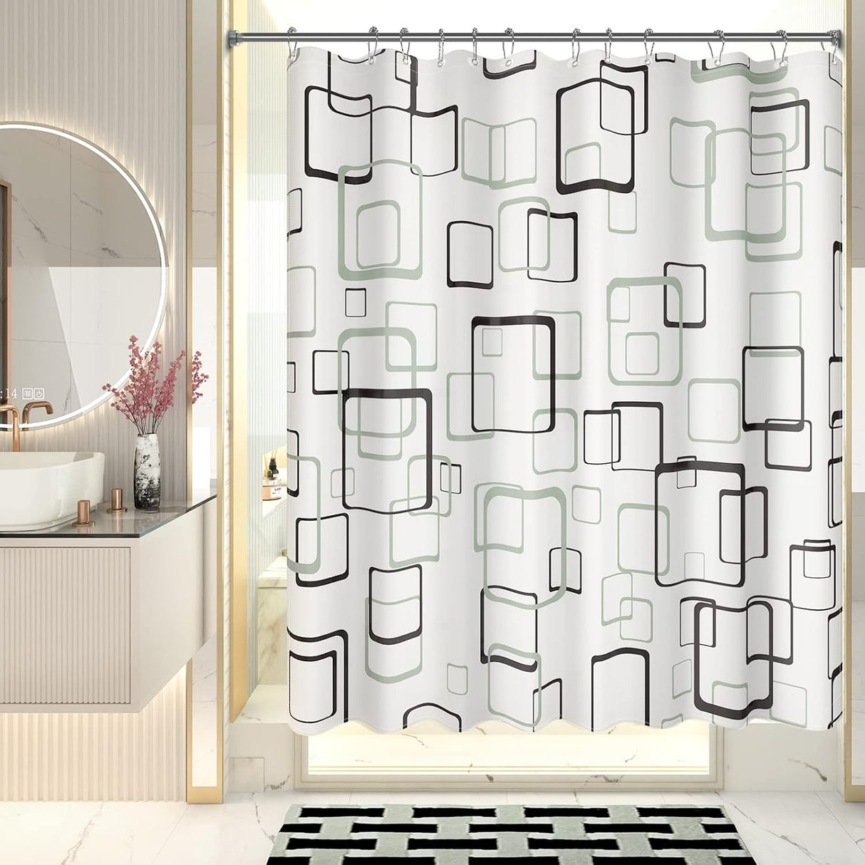 Geometric Shower Curtain with Curtain Rings