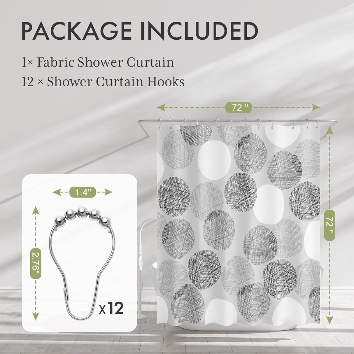 Fabric shower curtain with hooks and measurements on a neutral background