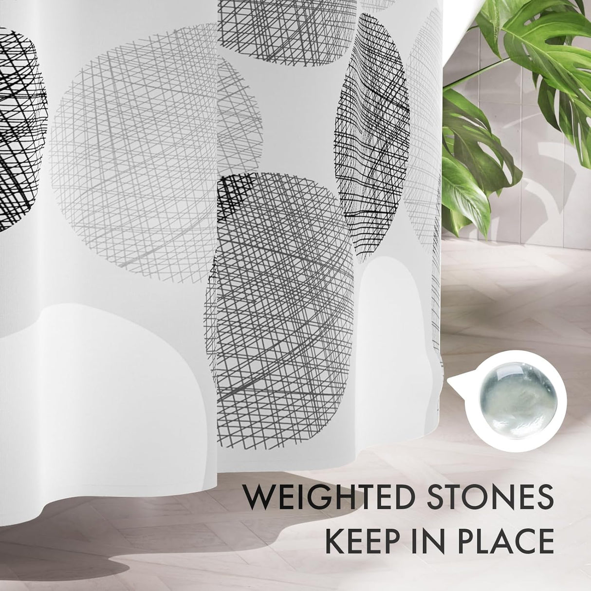 Decorative vases with geometric patterns on a white surface, with text 'Weighted stones keep in place'.