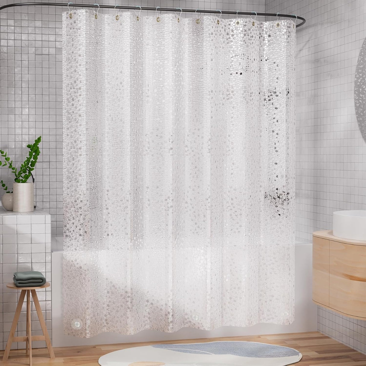 Shower curtain with a subtle pattern in a bathroom setting