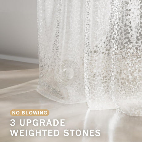 White shower curtain with decorative stones and text about upgrade weighted stones.