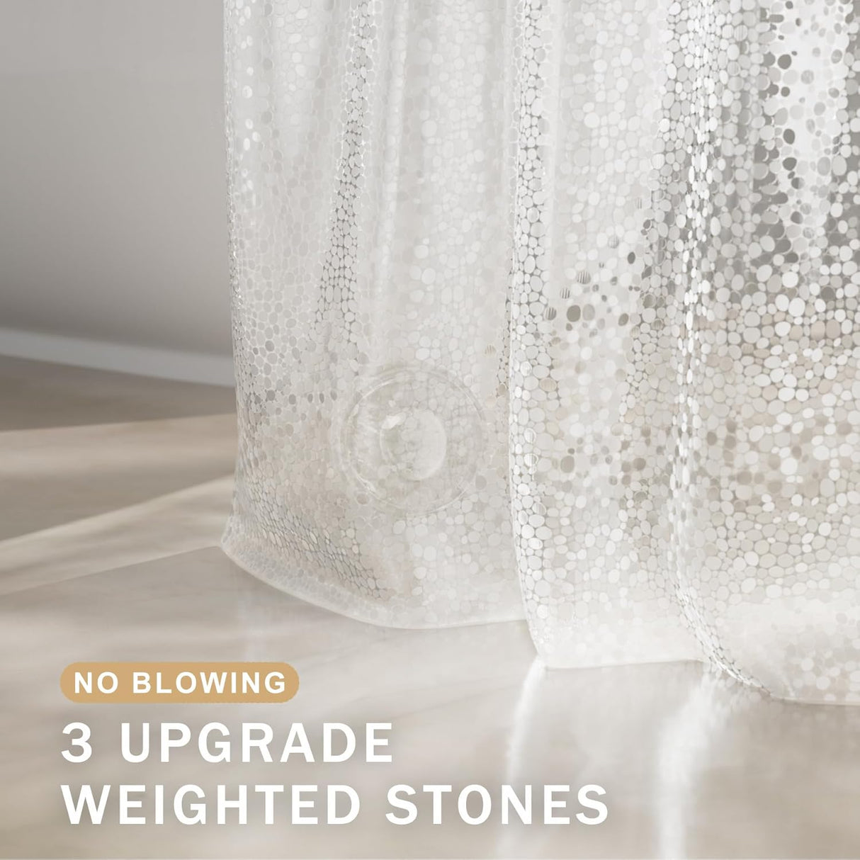 White shower curtain with decorative stones and text about upgrade weighted stones.