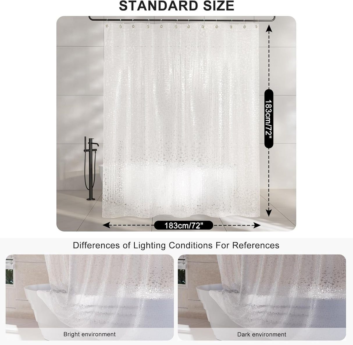 Measurement chart of a shower curtain with dimensions and lighting conditions shown.