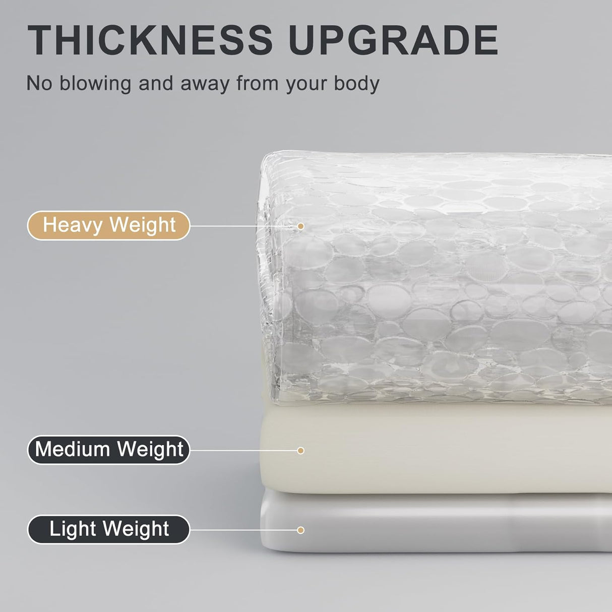 Shower curtain liner with labeled weight options on a gray background