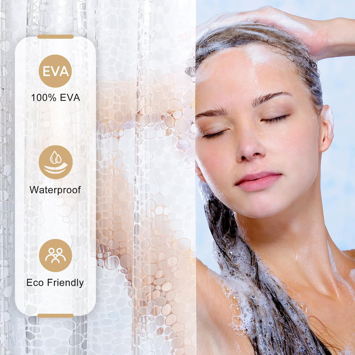 Woman washing her hair with a shower liner labeled 'EVA', 'Waterproof', and 'Eco Friendly' on the left.