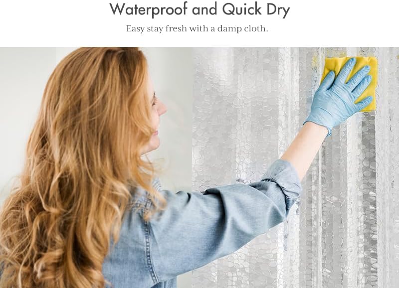 Person cleaning a shower curtain liner with text about waterproof and quick dry properties.