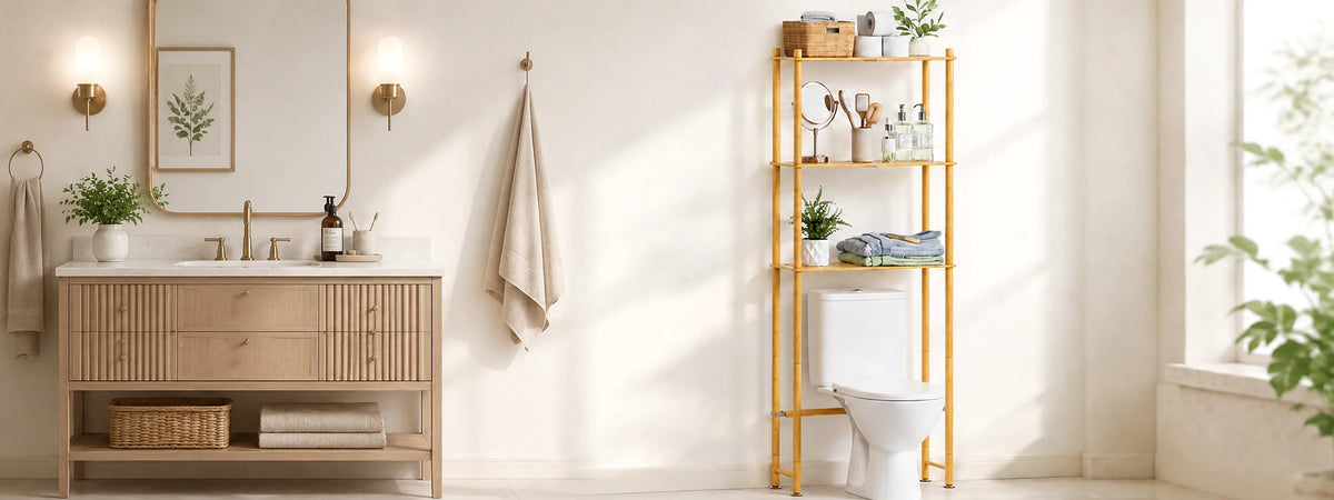 AmazerBath bright bathroom featuring bamboo vanity storage and an over-the-toilet organizer
