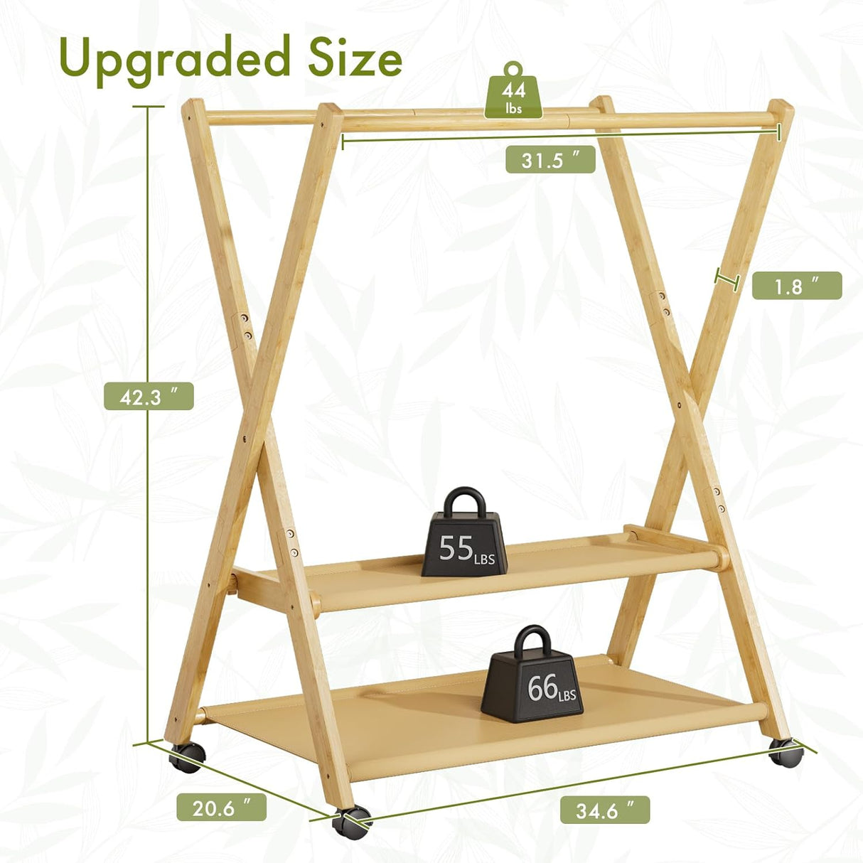 Wooden storage rack with dimensions labeled on a white background