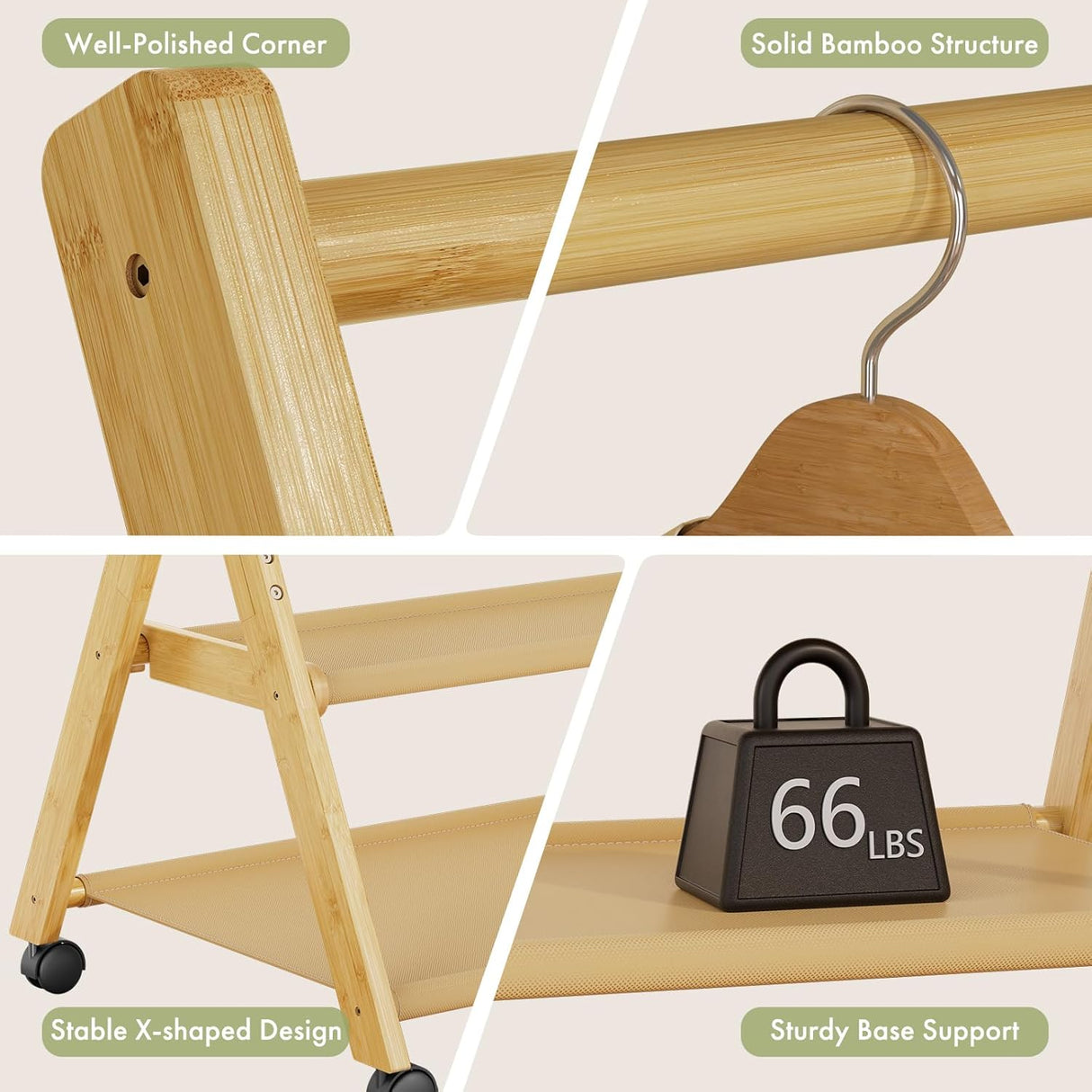 Collage of a wooden shelf with features highlighted on a light background