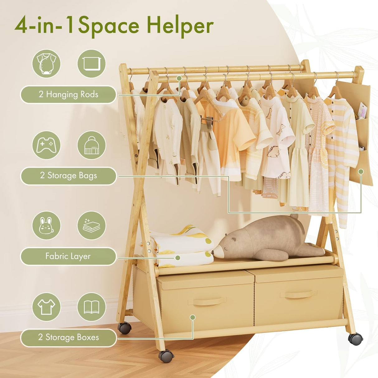 4-in-1 space-saving organizer with hanging rods, storage bags, fabric layer, and storage boxes.