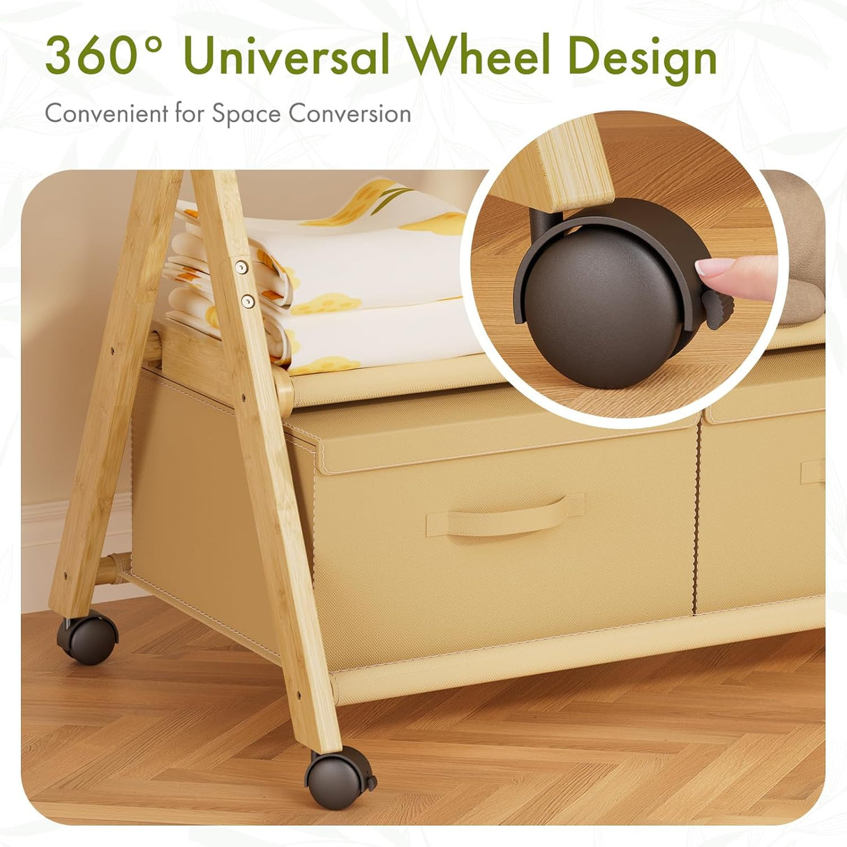 Wooden storage unit with wheels and a close-up of a wheel design on a wooden floor.