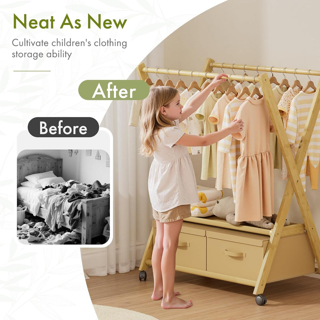 Child organizing clothes on a wooden rack with 'Before' and 'After' comparisons.