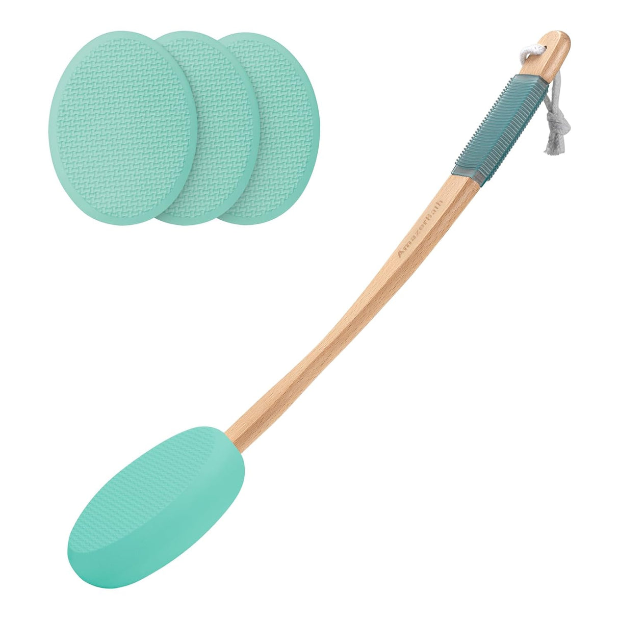 Cleaning tool with a wooden handle and teal silicone pads on a white background