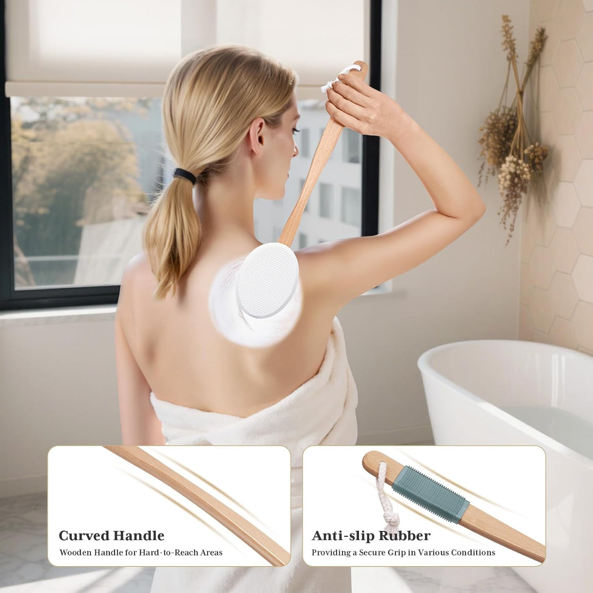 Woman using a back scrubber in a bathroom with text highlighting 'Curved Handle' and 'Anti-slip Rubber'.