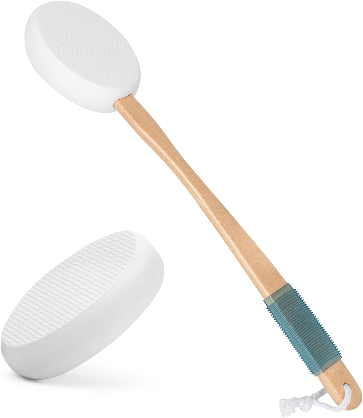 Two exfoliating brushes with wooden handles on a white background