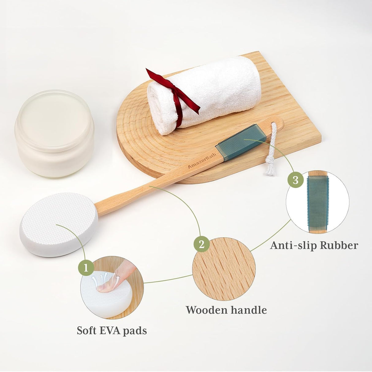 Wooden scrubber with anti-slip rubber, soft EVA pads, and wooden handle on a white background
