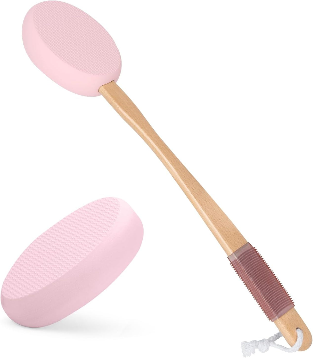 Two pink scrubbing brushes with wooden handles on a white background
