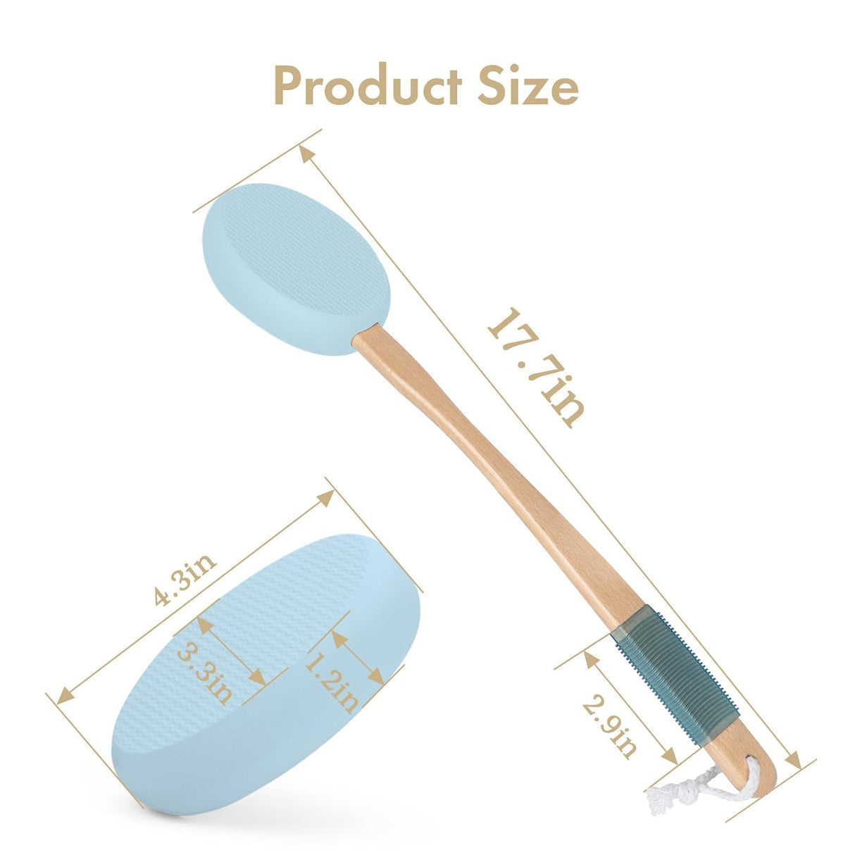 Blue spatula with wooden handle and measurements on a white background