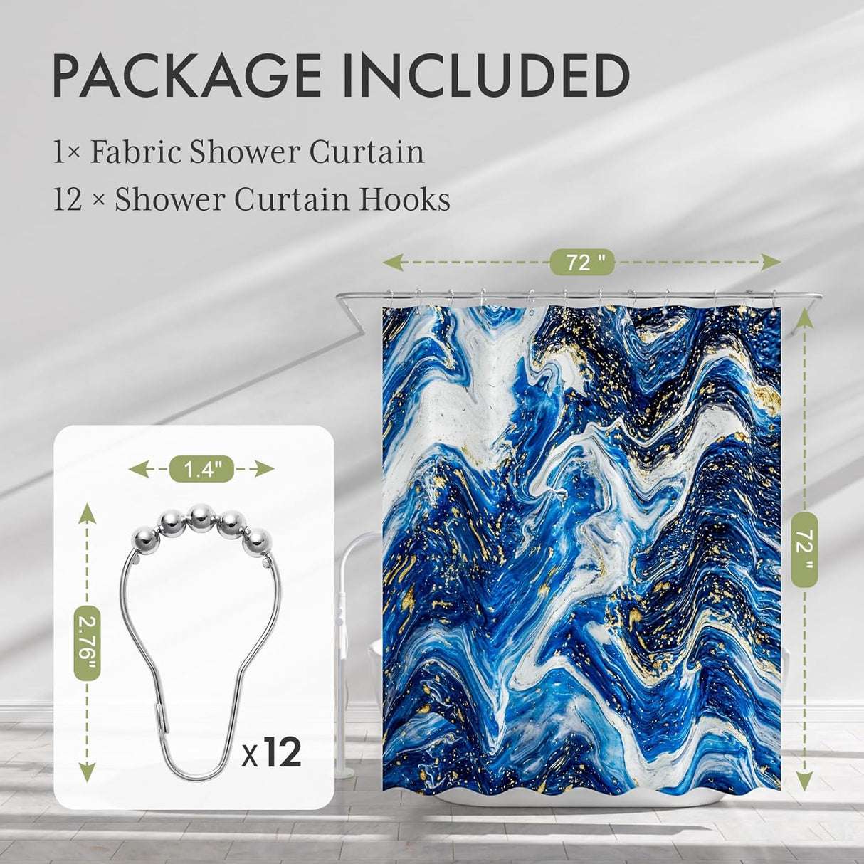 Fabric shower curtain with hooks and product dimensions displayed.