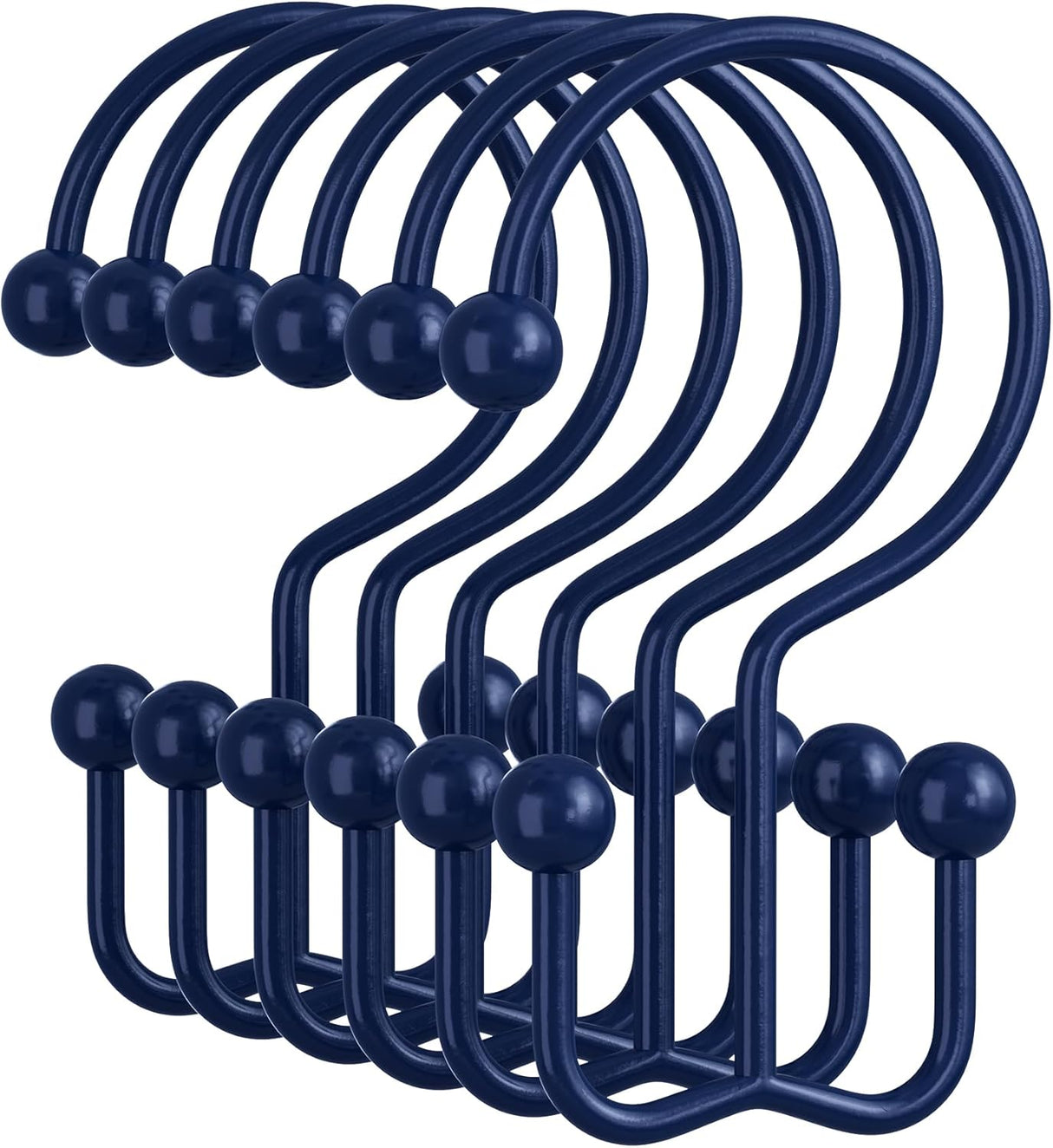 Set of navy blue hooks with spherical ends on a white background