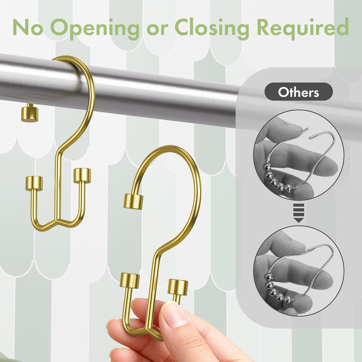 Gold hook with a hand holding it, attached to a metal rod with text 'No Opening or Closing Required' on a light gray background.
