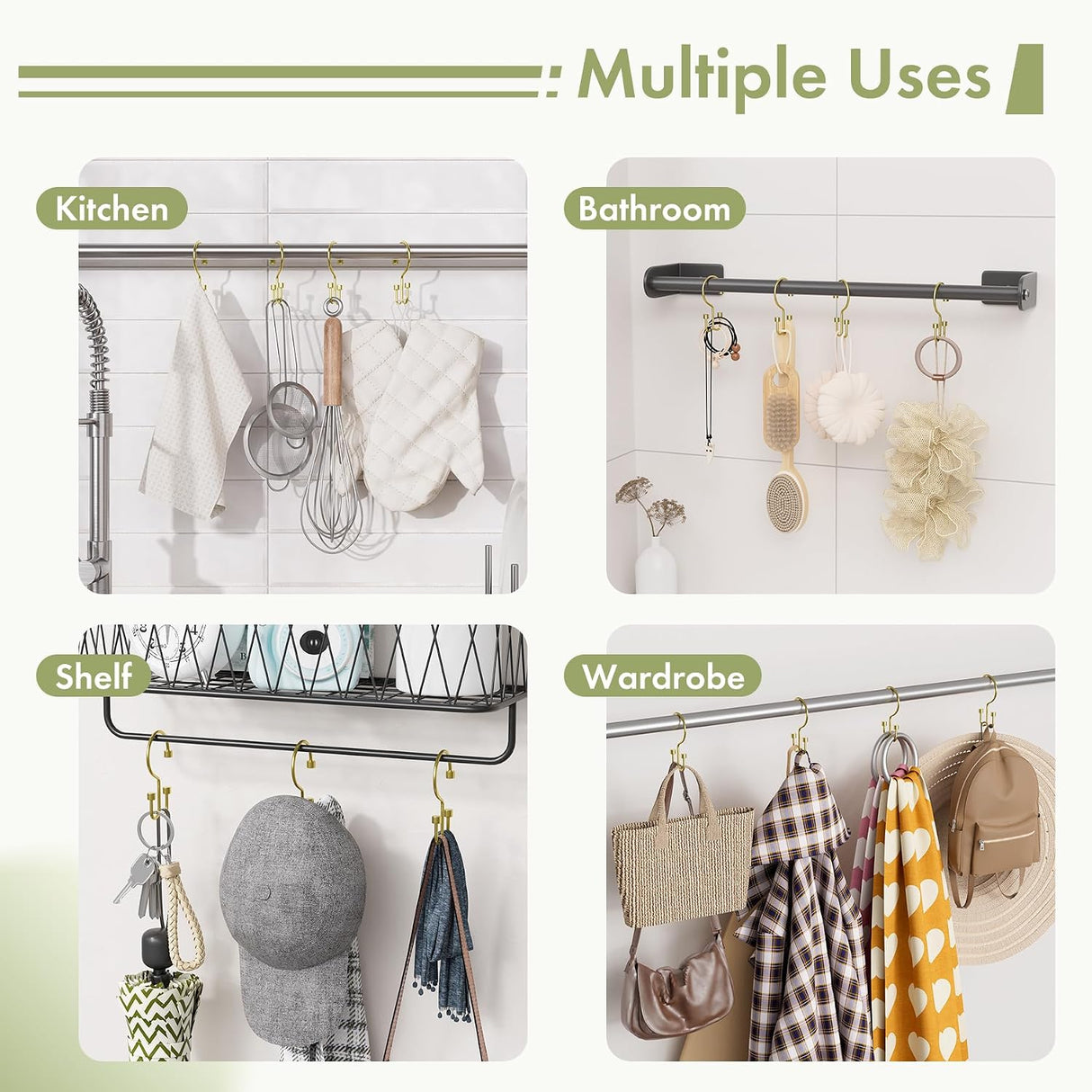 Collage showing the versatility of a hanging rack in kitchen, bathroom, shelf, and wardrobe settings.