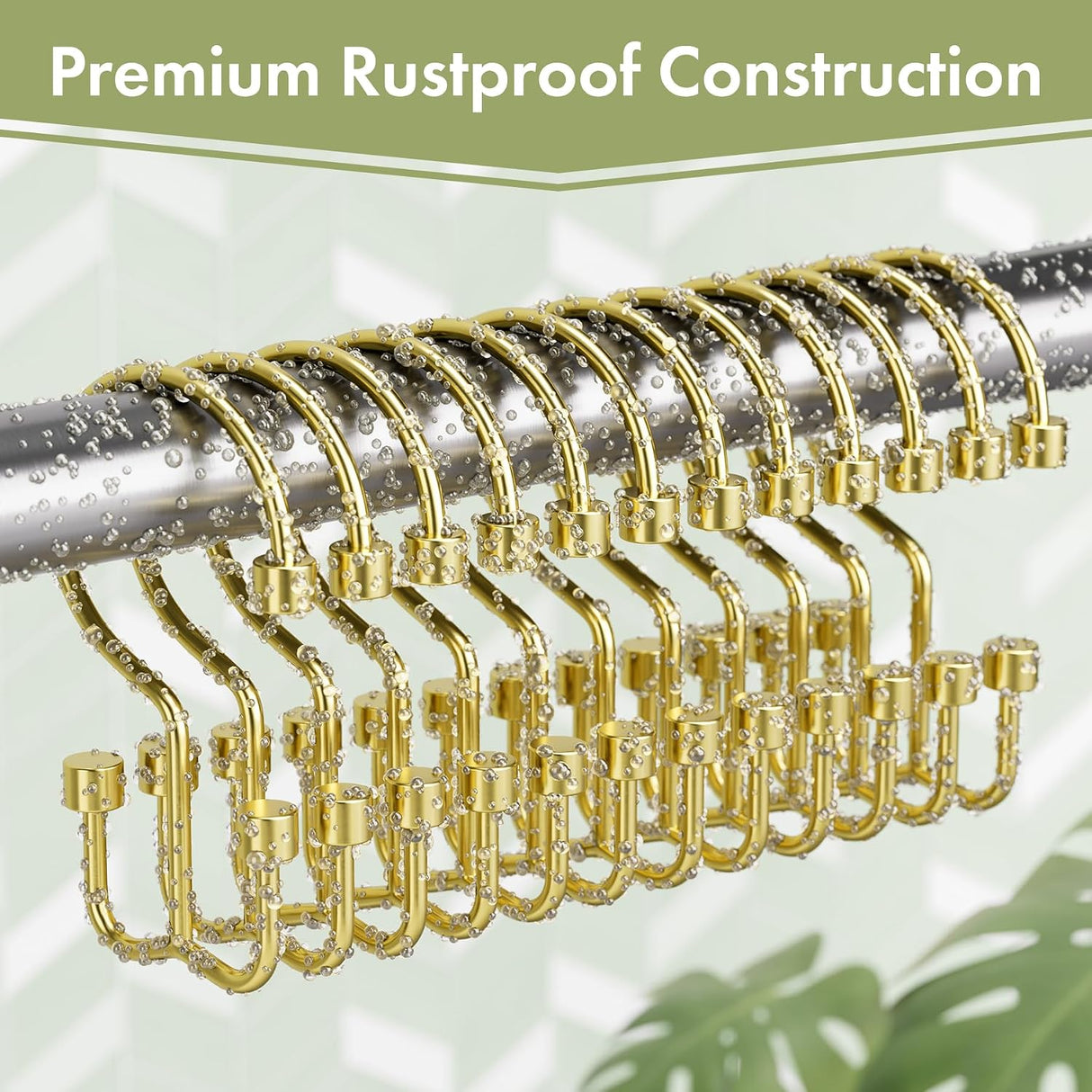 Gold shower curtain hooks on a rod with 'Premium Rustproof Construction' text above.