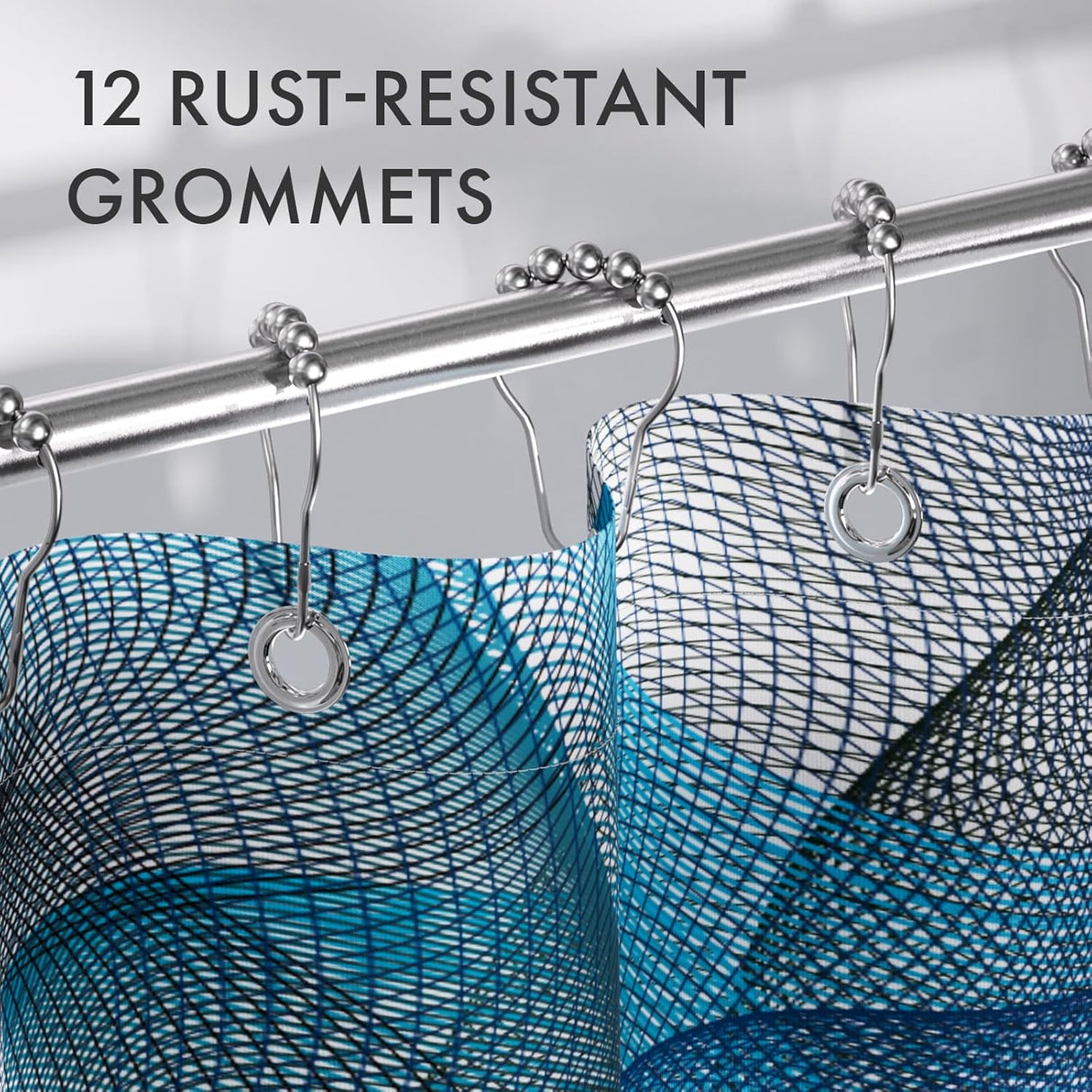 Shower curtain with rust-resistant grommets on a metal rod against a neutral background