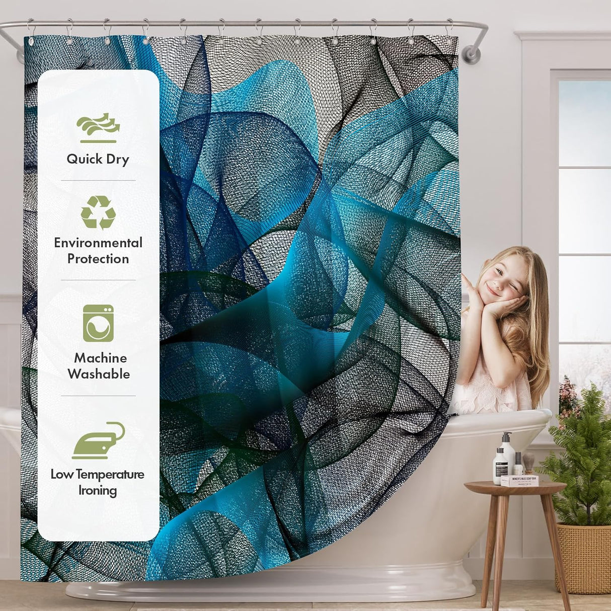 Shower curtain with blue and gray abstract pattern and product features on a bathroom setting.