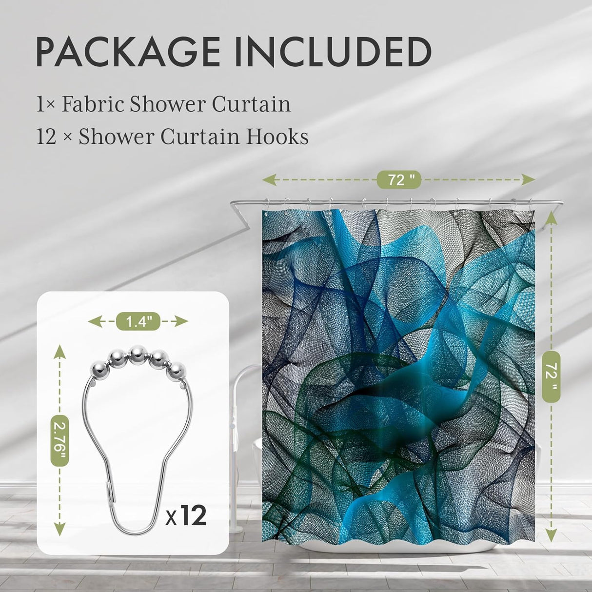 Fabric shower curtain with hooks and product dimensions on a gray background