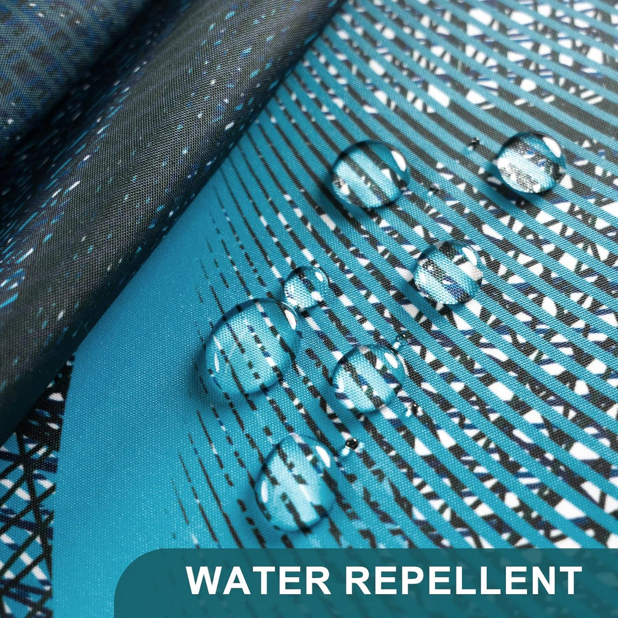 Close-up of water droplets on water-repellent fabric with 'WATER REPELLENT' text.
