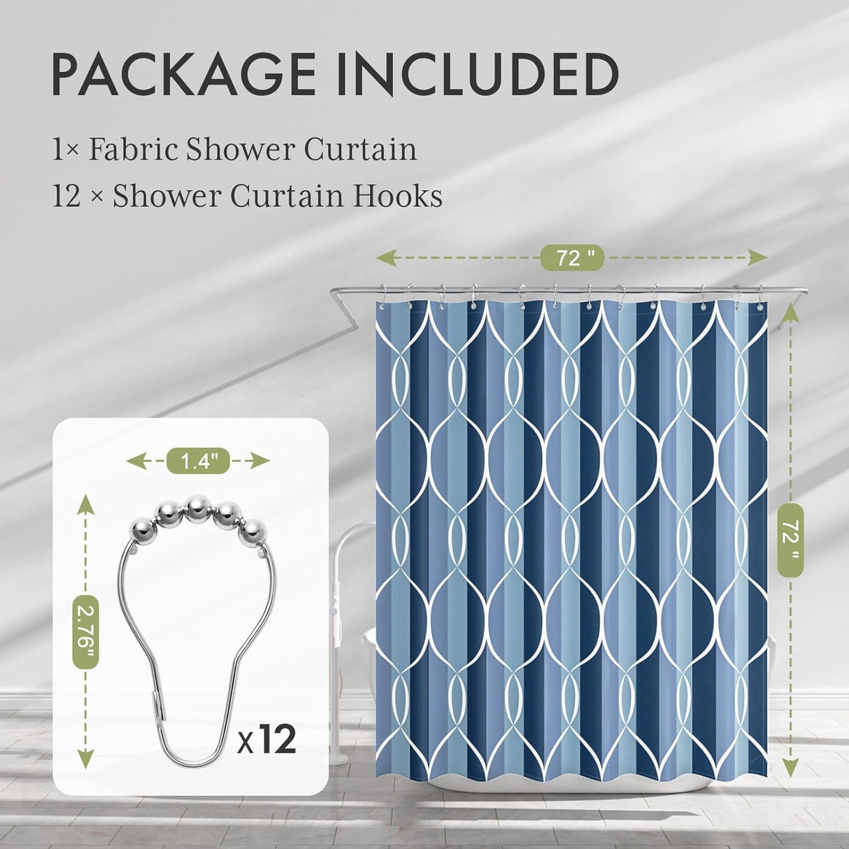 Shower curtain with hooks and product dimensions on a gray background