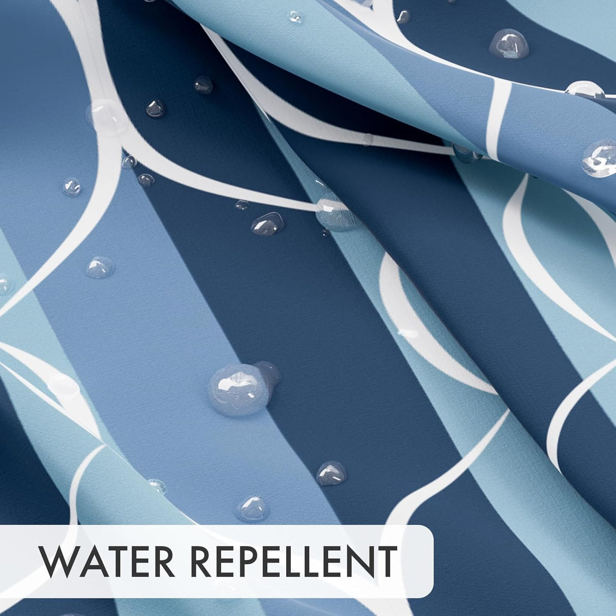 Textured blue and white surface with water droplets and 'WATER REPELLENT' label.