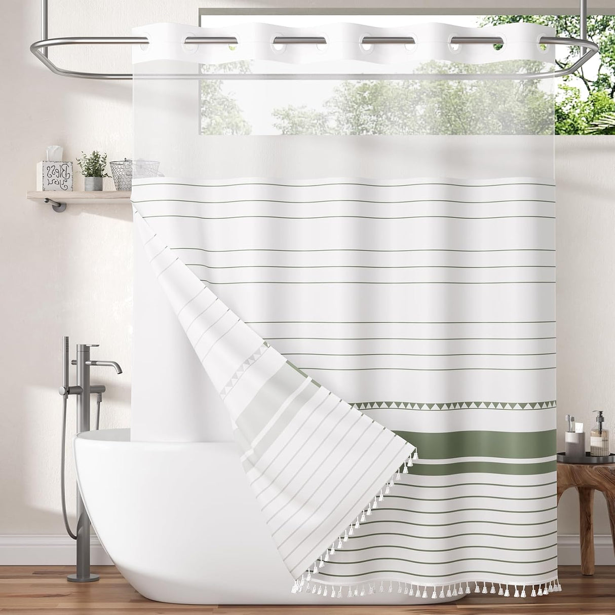 Striped shower curtain with tassels in a bathroom setting