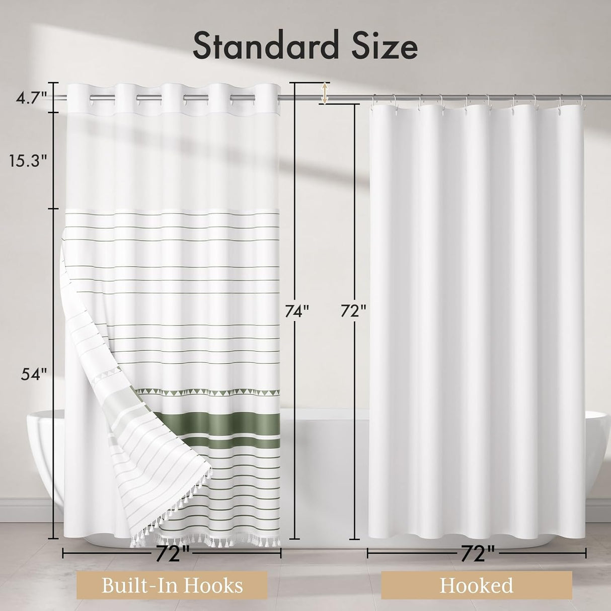 White shower curtain with green stripes and measurements on a neutral background