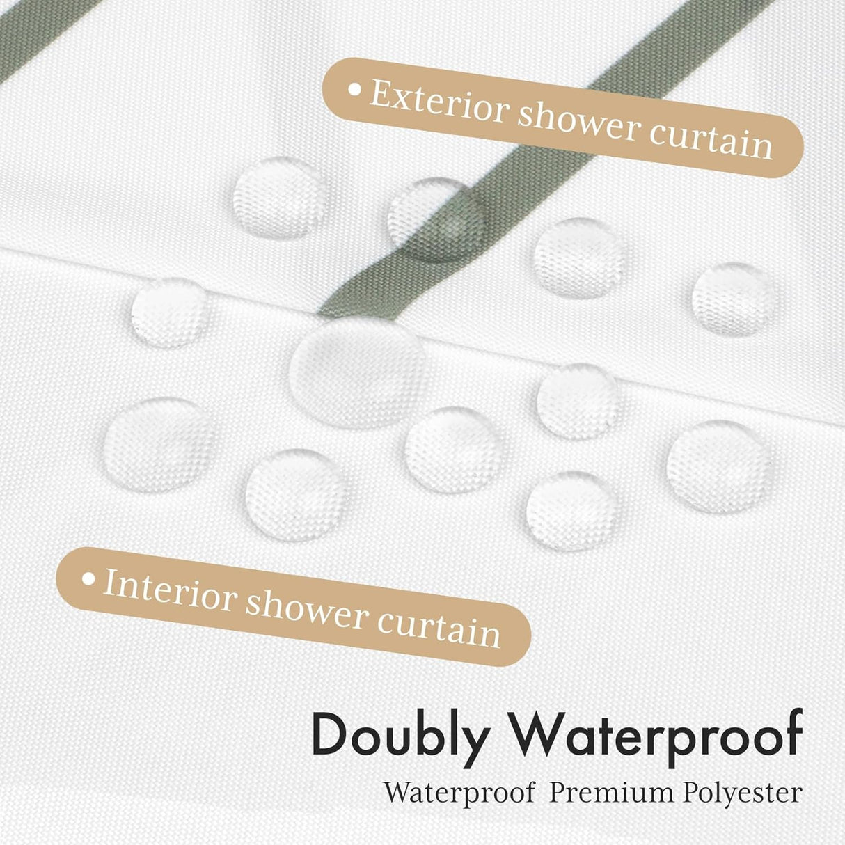 Doubly waterproof shower curtain with text indicating exterior and interior use.