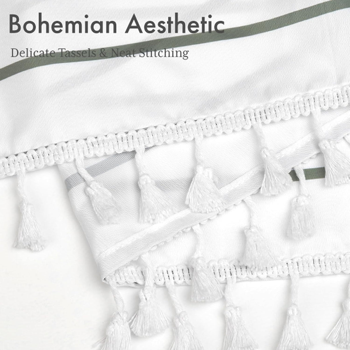 Close-up of white fabric with tassels and neat stitching, labeled 'Bohemian Aesthetic'.
