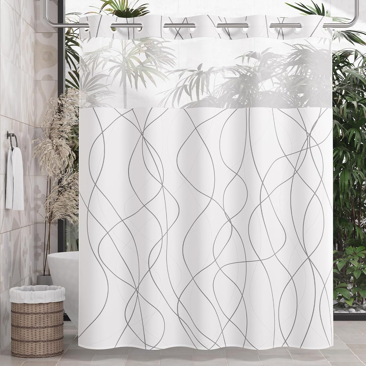 Shower curtain with wavy line pattern in a bathroom setting
