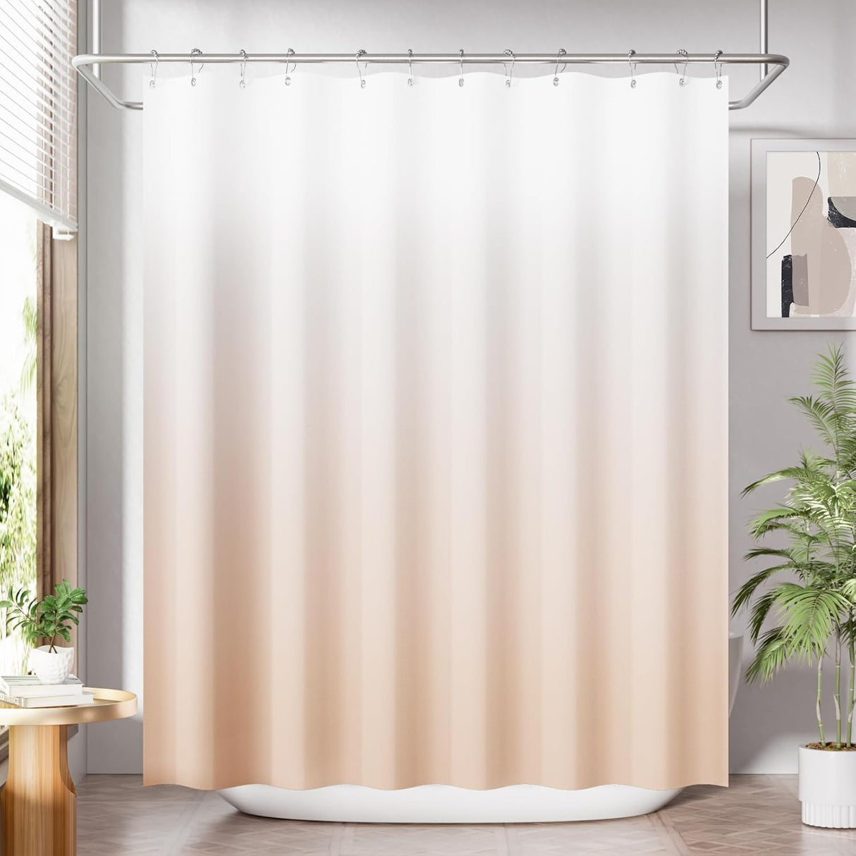 Beige gradient shower curtain in a bathroom setting with plants and a mirror.
