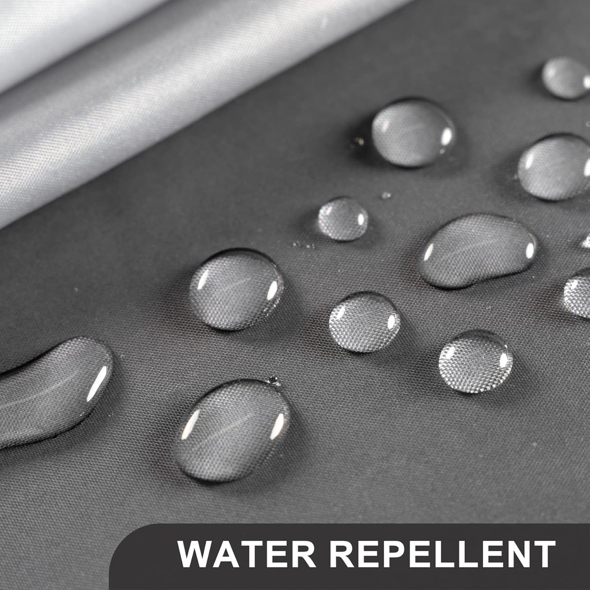 Water droplets on a water-repellent fabric with text 'WATER REPELLENT'.