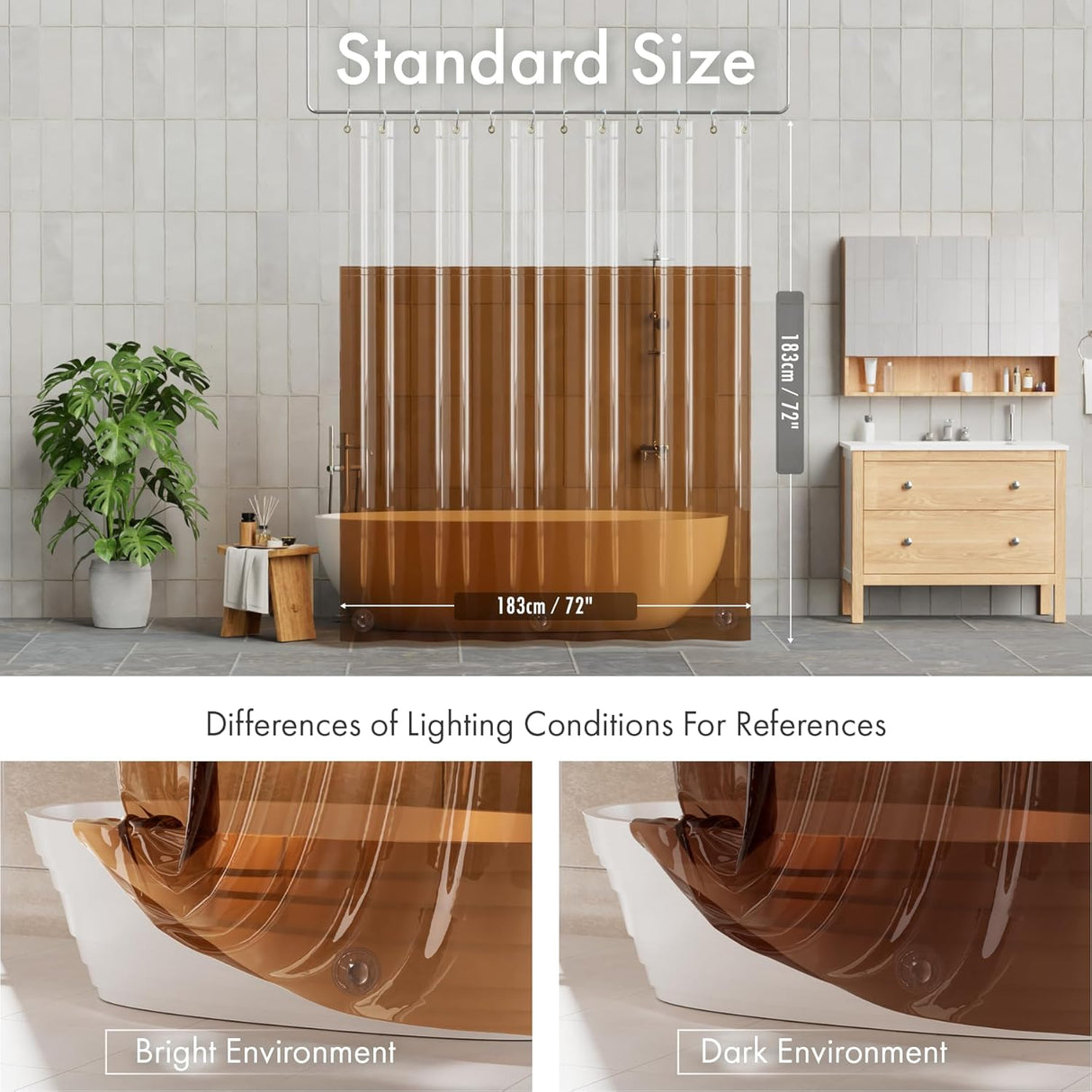 Bathroom setting with a bathtub and shower curtain, showing standard size and lighting conditions.
