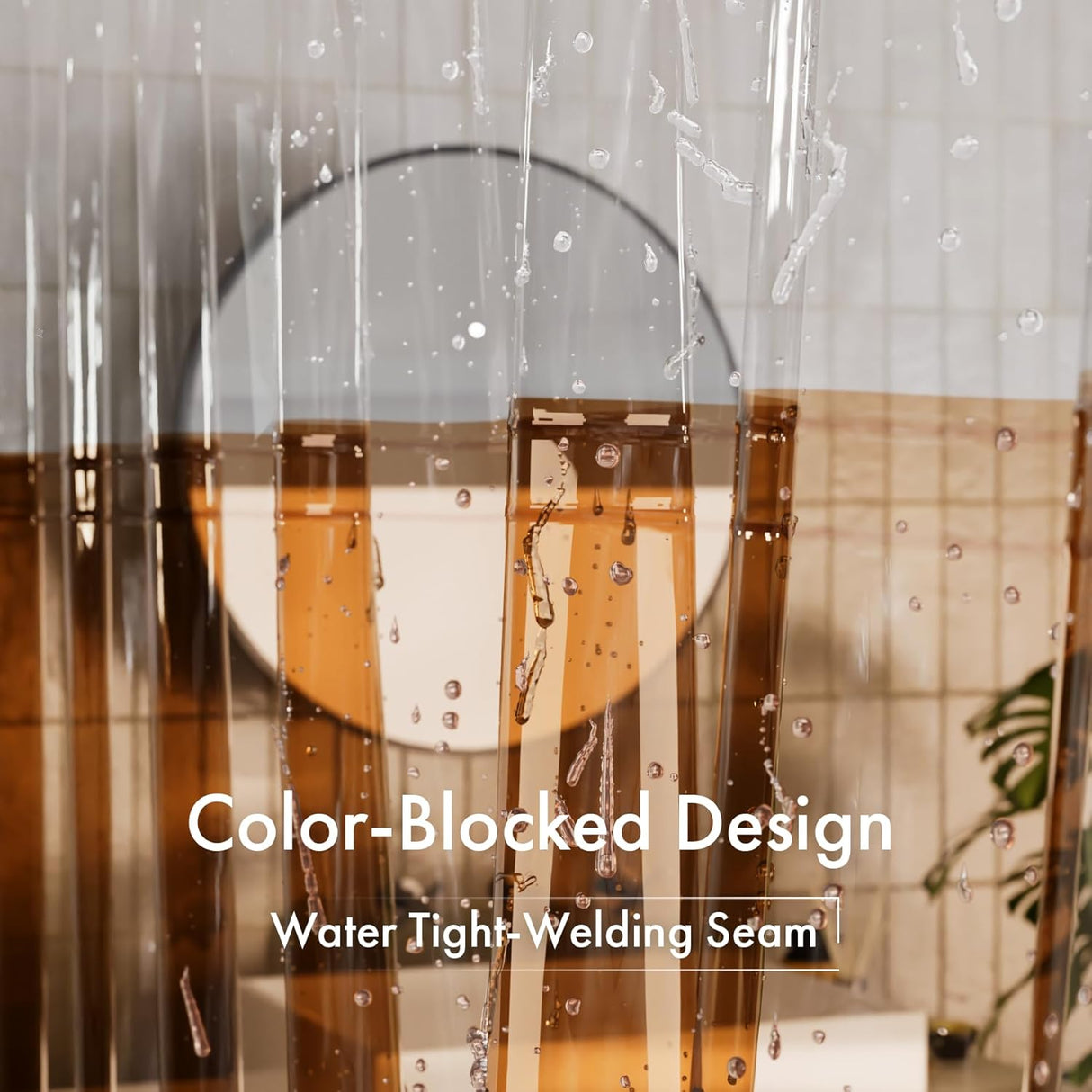 Clear shower curtain with a color-blocked design featuring a welding seam.