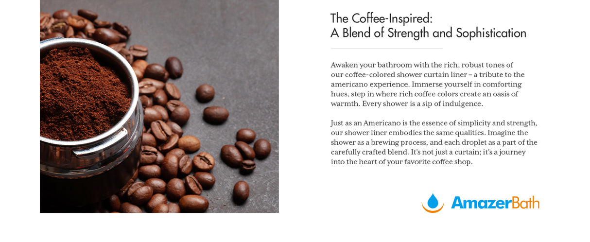 Coffee beans and a container of coffee grounds with text about AmazerBath on a dark background